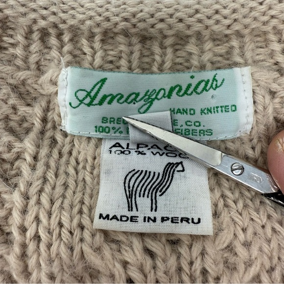 Amazonias Cream Alpaca Wool Fisherman Cable Knit Sweater Sz L Hand Knitted Peru - Picture 7 of 9